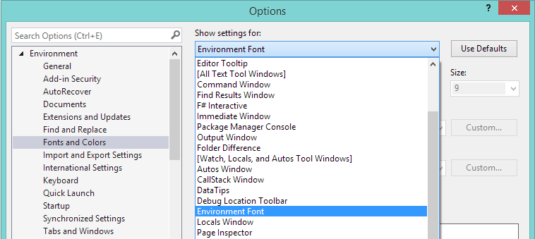 Fonts and Colors settings in the Tools > Options dialog