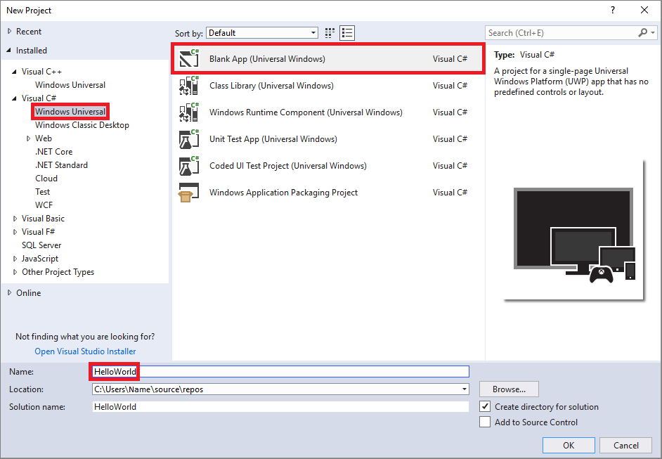 Screenshot showing the Windows Universal project template in the New Project dialog box in the Visual Studio IDE.
