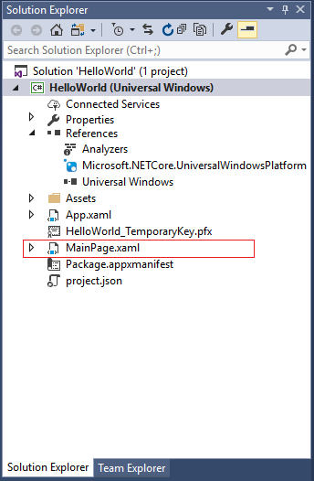 Screenshot of the Solution Explorer window showing the properties, references, assets, and files in the HelloWorld project. The file MainPage.xaml is selected.