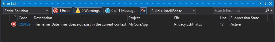 Screenshot shows the Error List toolbar in Visual Studio with DateTime listed.
