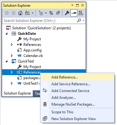 Screenshot showing the context menu for the References node in the QuickTest project, with the 'Add Reference' option selected.