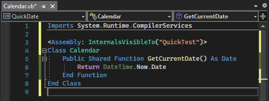 Screenshot showing the code for Calendar.vb in the Visual Basic code editor window after the Imports statement and Assembly attribute lines have been added.