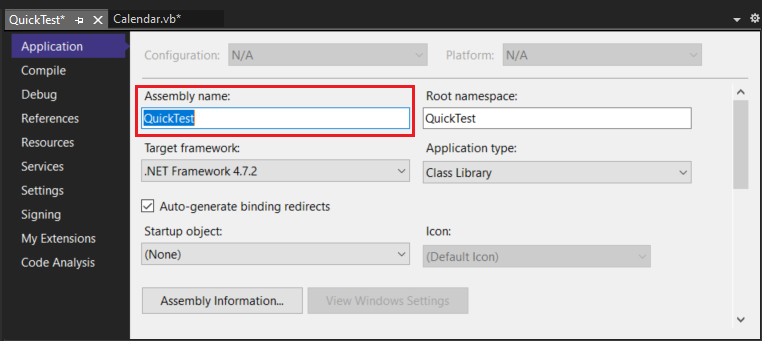 Screenshot showing the Application tab of the property pages for the QuickTest project. The Assembly name field is highlighted and the value is 'QuickTest'.
