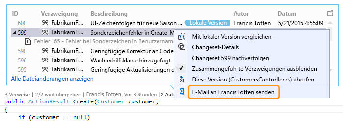 CodeLens - Contact changeset owner by mail