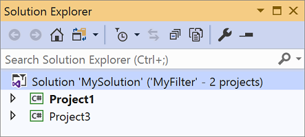 Im Projektmappen-Explorer von Visual Studio geöffnete Projektmappen-Filterdatei