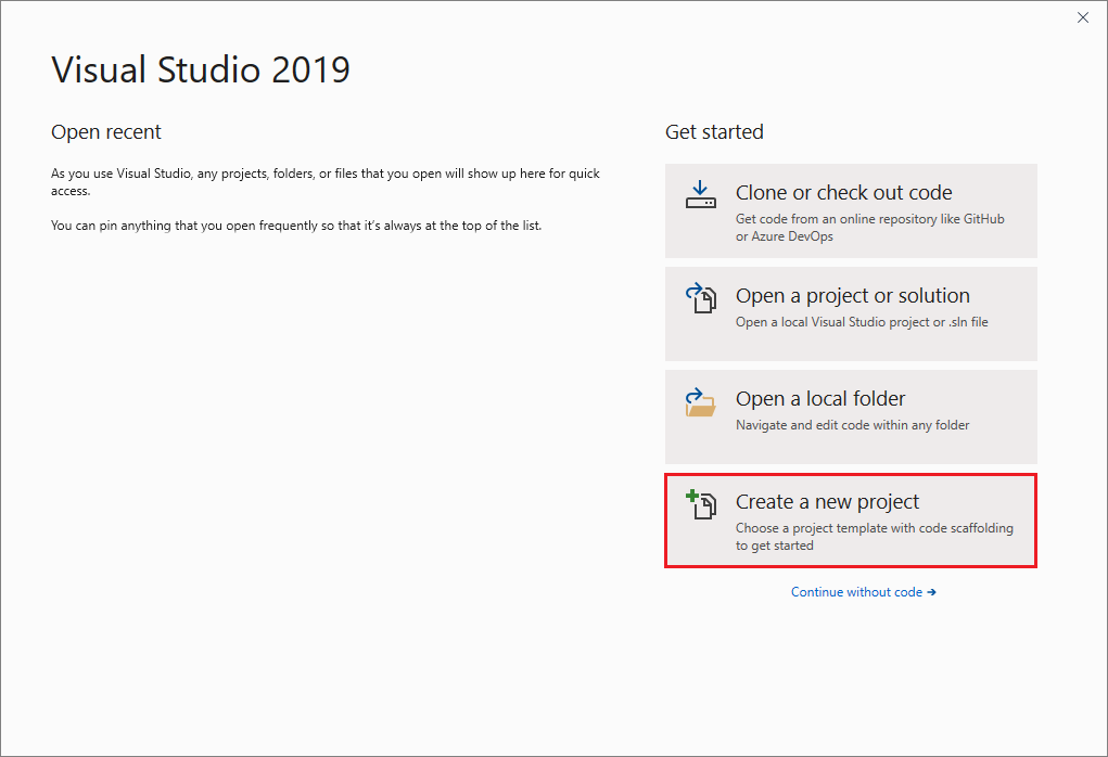 Screenshot: Dialogfeld „Neues Projekt erstellen“ im Startfenster von Visual Studio 2019