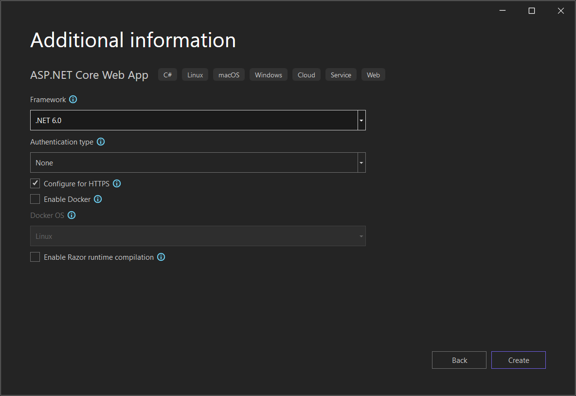 Screenshot: Fenster „Zusätzliche Informationen“ mit ausgewählter Option „.NET 6.0“ im Feld „Framework“.