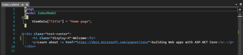 Screenshot: Datei „Index.cshtml“ für die Homepage im Visual Studio-Code-Editor.
