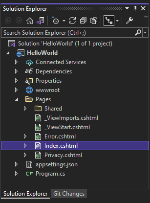 Screenshot: „Index.cshtml“ im erweiterten Ordner „Seiten“ im Projektmappen-Explorer.