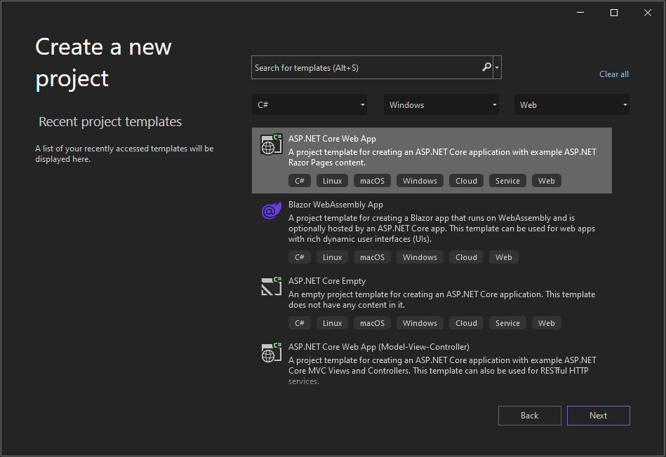 Screenshot: Fenster „Neues Projekt erstellen“, gefiltert nach „C#“, „Windows“ und „Web“. Die Projektvorlage „ASP.NET Core-Web-App“ ist hervorgehoben.