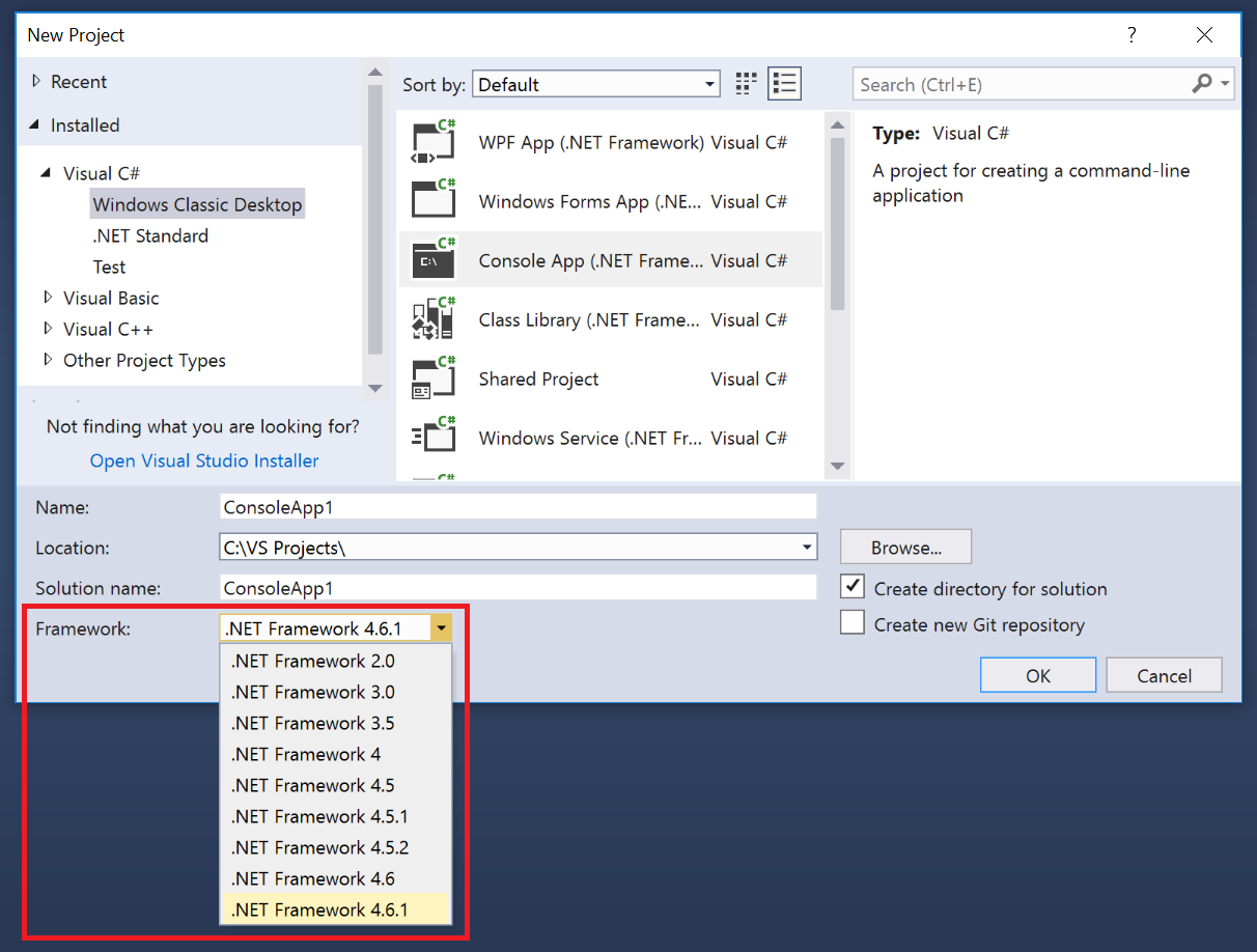 Screenshot of the Framework drop-down in New Project dialog box.