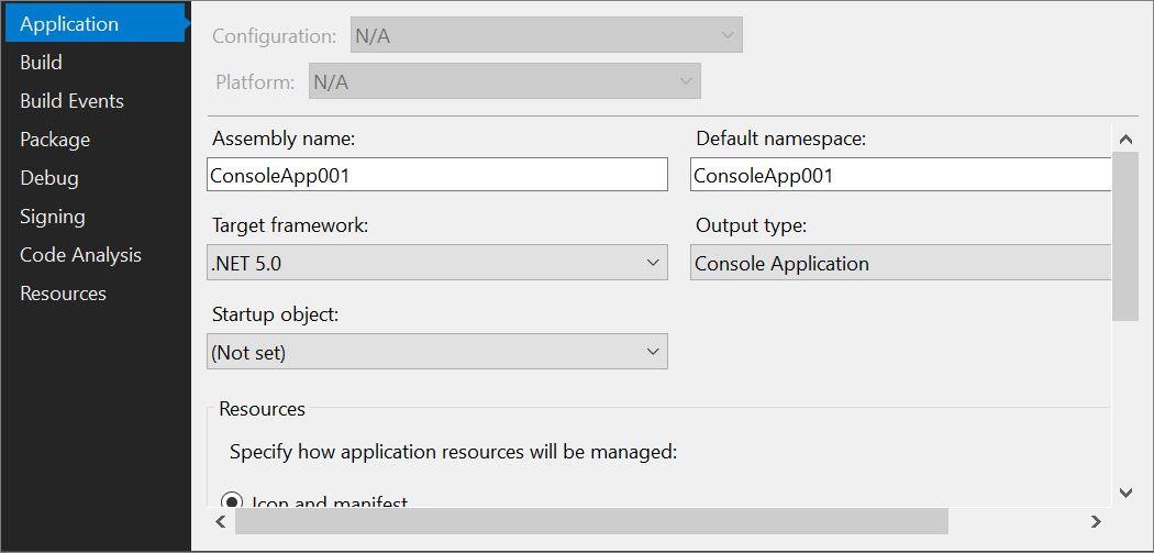 Screenshot of the Project Designer in Visual Studio 2019 with .NET as the target framework.