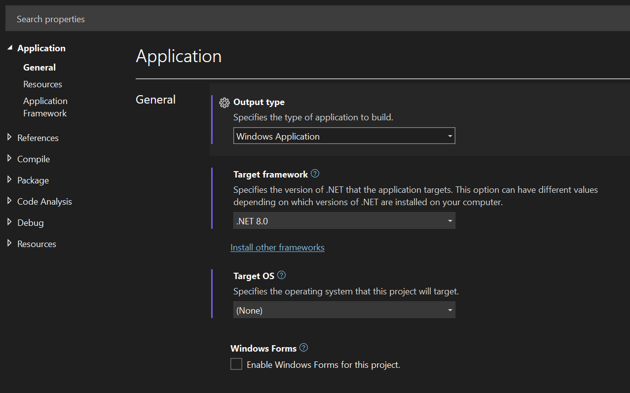 Screenshot of the .NET Project Designer in Visual Studio 2022 with .NET 8.0 as the target framework.
