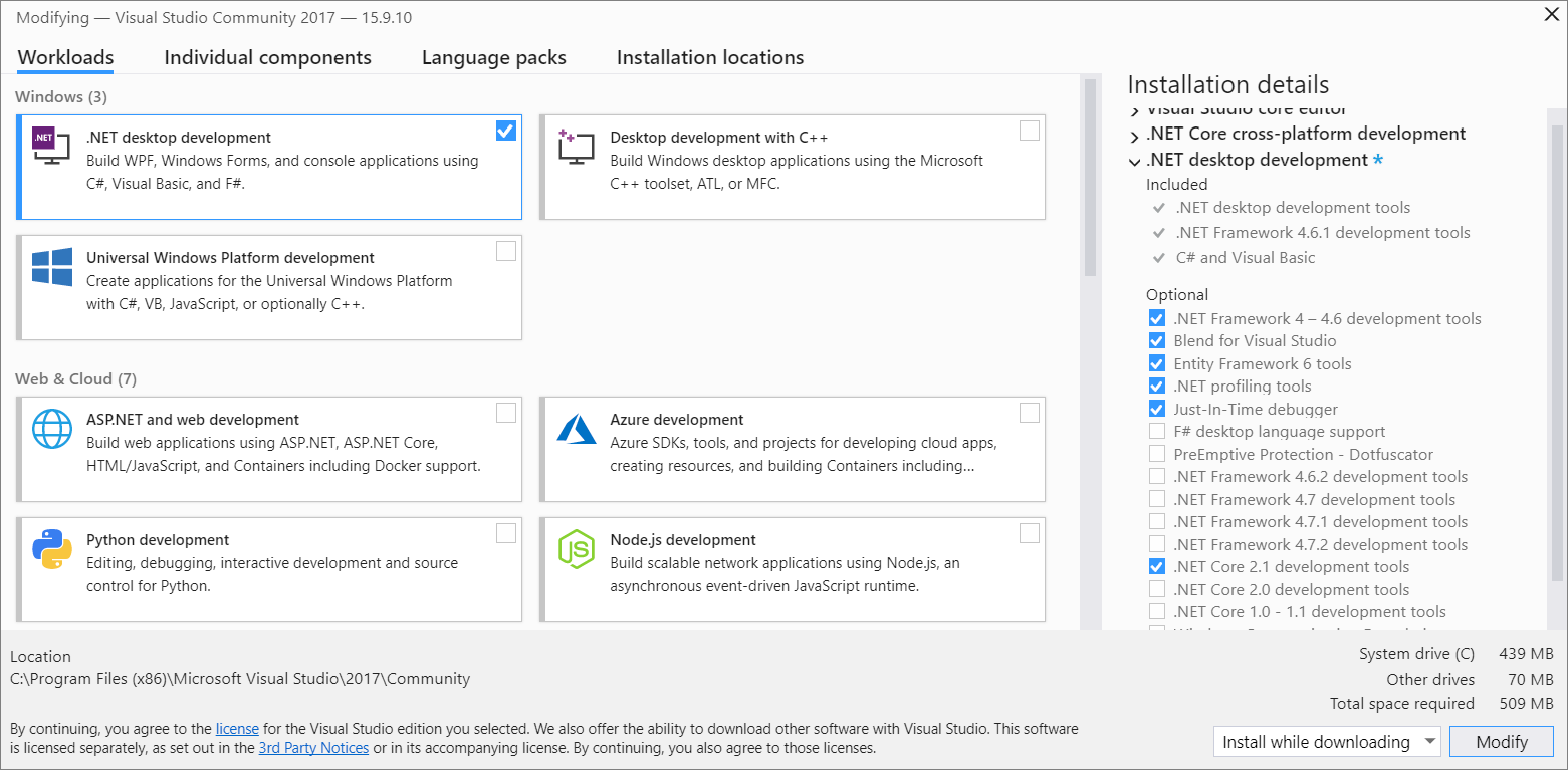 Screenshot: Registerkarte „Workloads“ im Visual Studio-Installer