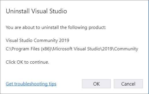 Bestätigung der Deinstallation von Visual Studio