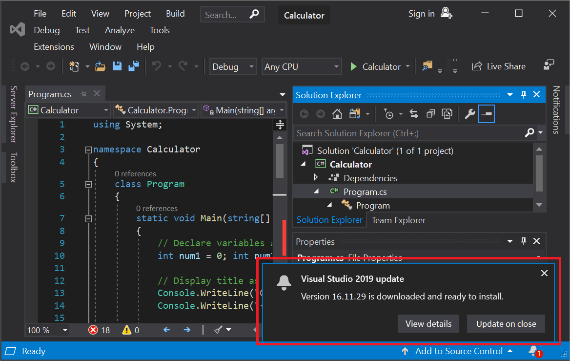 Screenshot: Meldung „Visual Studio 2019 Update“ in der IDE.