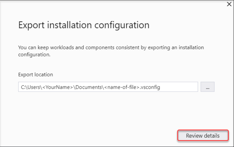 Exportieren der Konfiguration aus dem Visual Studio-Installer