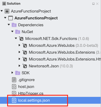 solution window displaying local.settings.json file