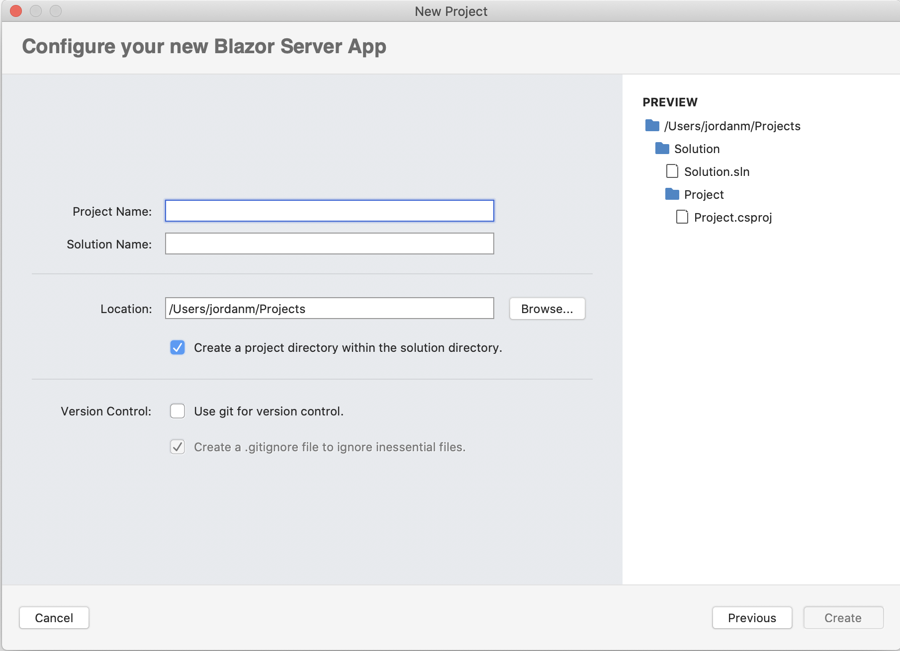 Configure your new Blazor Server App dialog displayed while entering Project Name