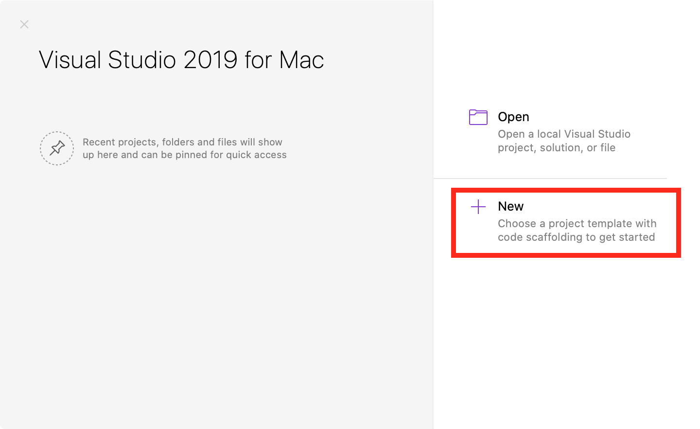 Visual Studio for Mac Start Window with New selection highlighted