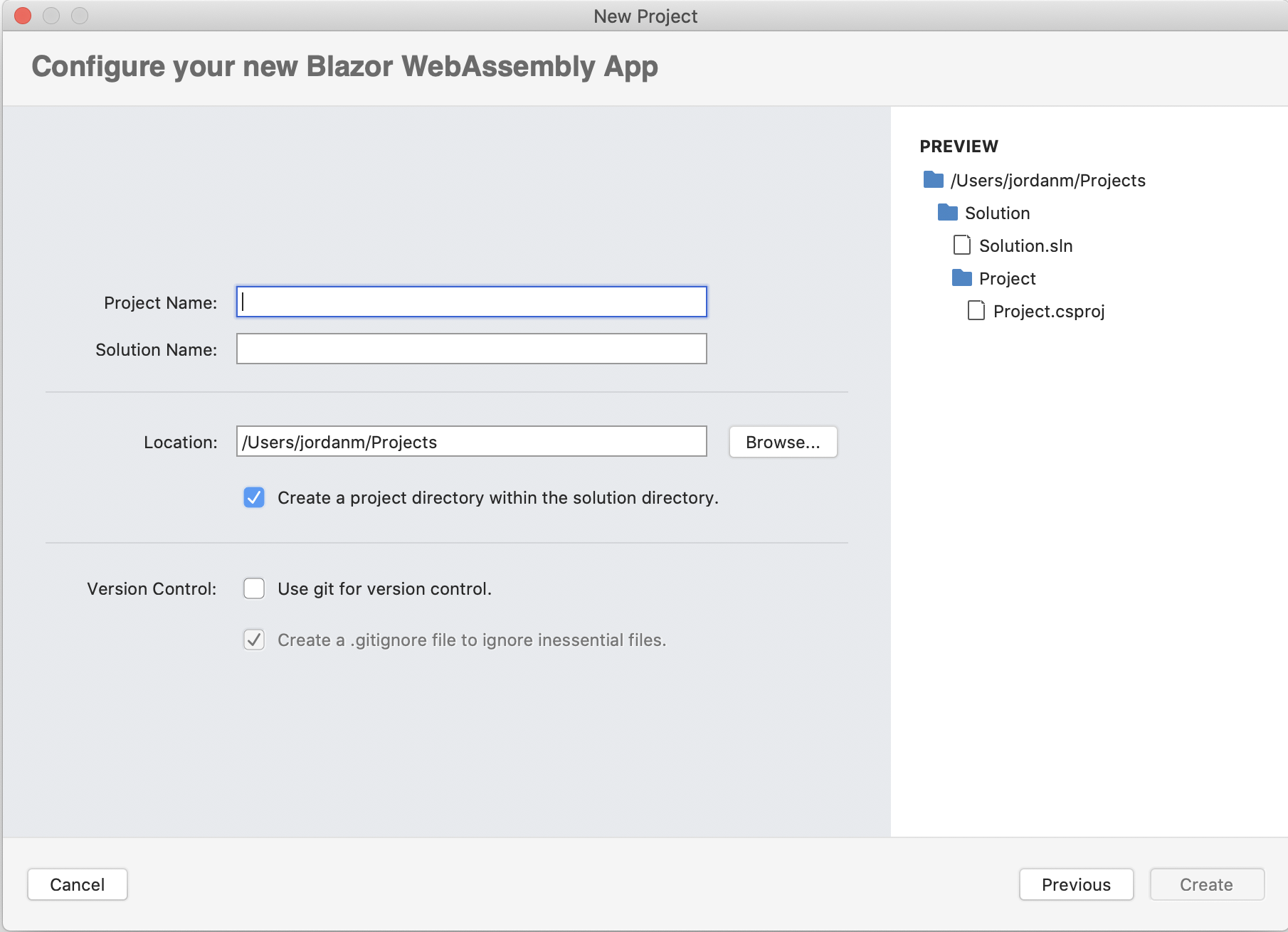 Configure your new Blazor WebAssembly App dialog displayed while entering Project Name