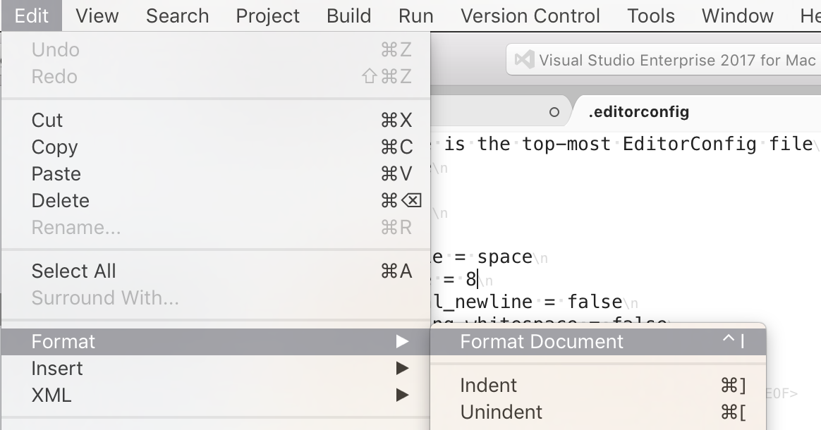 Format Document menu item