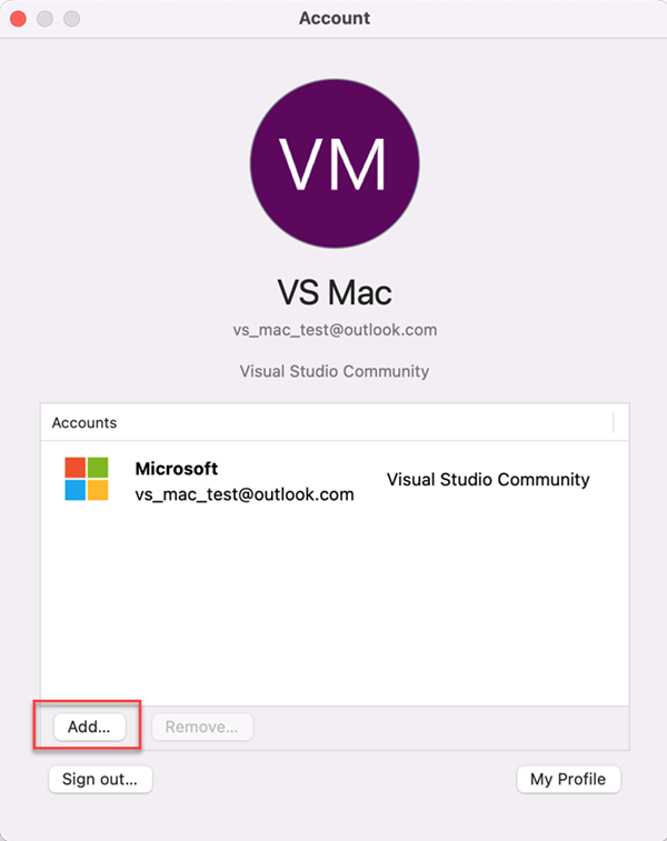Screenshot of Account window in Visual Studio 2022 for Mac to manage accounts