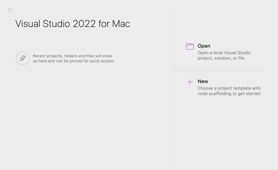Screenshot of open or create a new project window in Visual Studio for Mac 