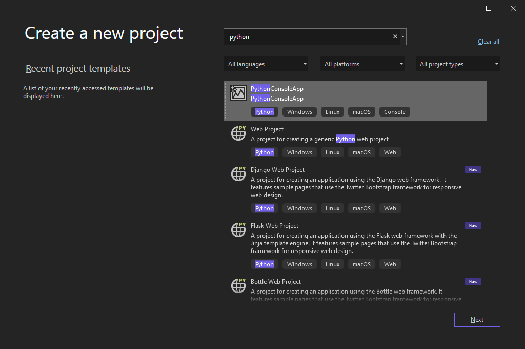 Screenshot: Dialogfeld „Neues Projekt erstellen“ mit Python-Projektvorlagen.