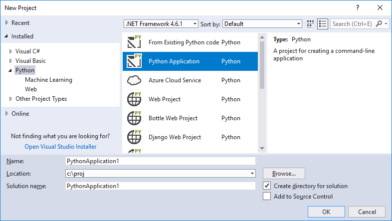 Screenshot: Dialogfeld „Neues Projekt erstellen“ mit Python-Projektvorlagen.