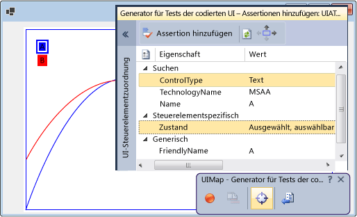 Screenshot of the coded UI test builder main window partially covered by an Add Assertions window with the State property of a Text control selected.