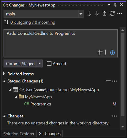 Das Dialogfeld für Git-Commits in Visual Studio 2022