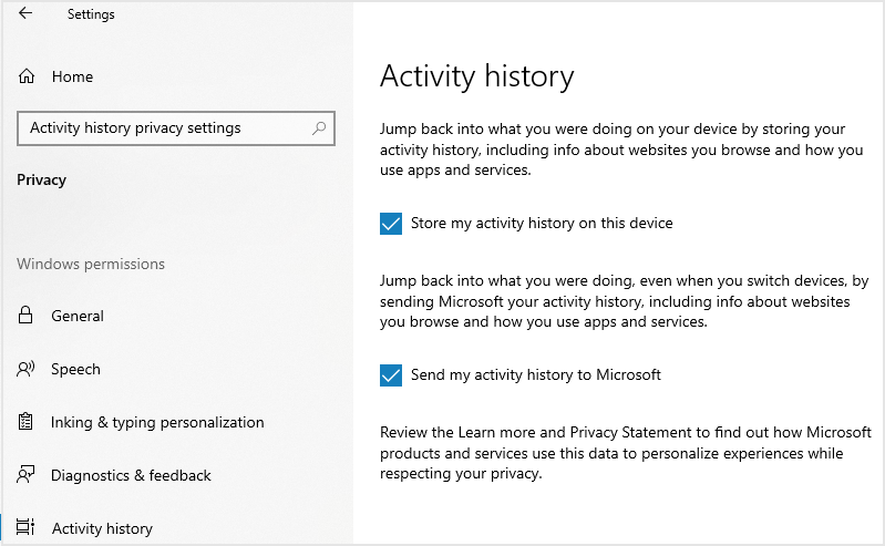 Windows 10 Einstellungen für den Aktivitätsverlauf.