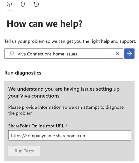 Screenshot des Bereichs zum Suchen nach Hilfe im Microsoft 365 Admin Center.