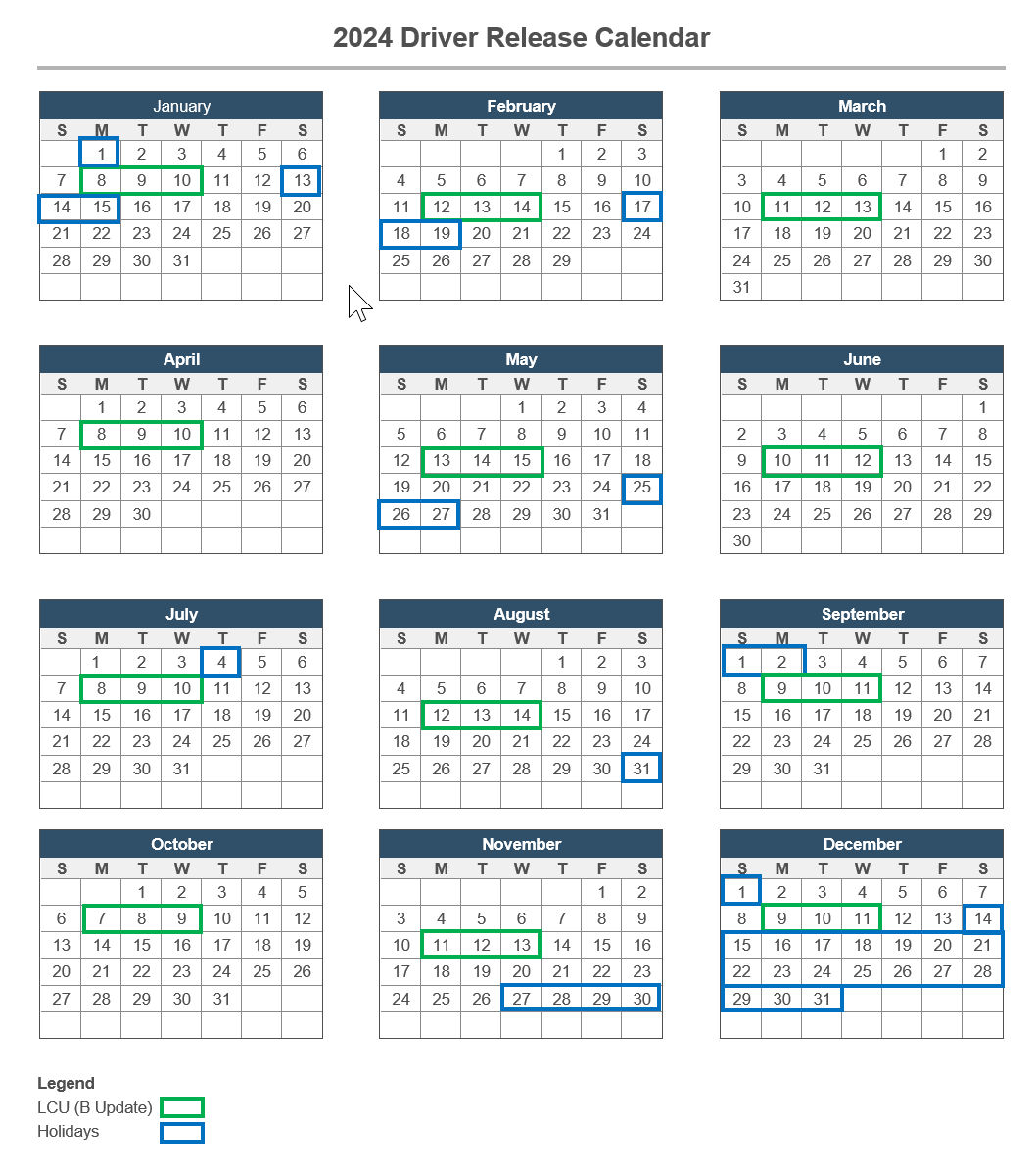Sept - Dec 2024 Driver Release Calendar mit ausgeschlossenen Datumsangaben wie oben beschrieben.