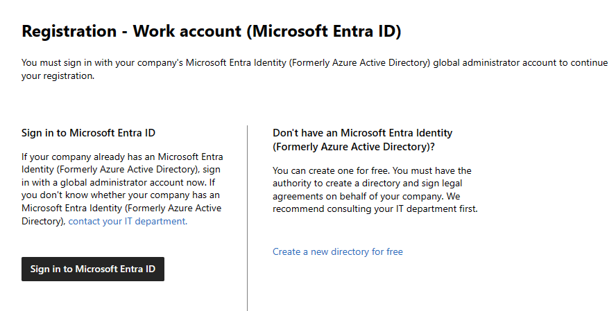 Screenshot der Microsoft Entra-ID-Seite des Registrierungsprozesses des Hardwareentwicklerprogramms. Die Schaltfläche 