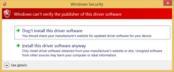 Screenshot der Windows-Sicherheitswarnung, die besagt, dass Windows den Herausgeber der Treibersoftware nicht verifizieren kann.