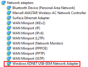 Screenshot: Geräte-Manager, der den Netzwerkknoten mit einem Windows KDNET USB-EEM-Netzwerkadaptereintrag anzeigt.
