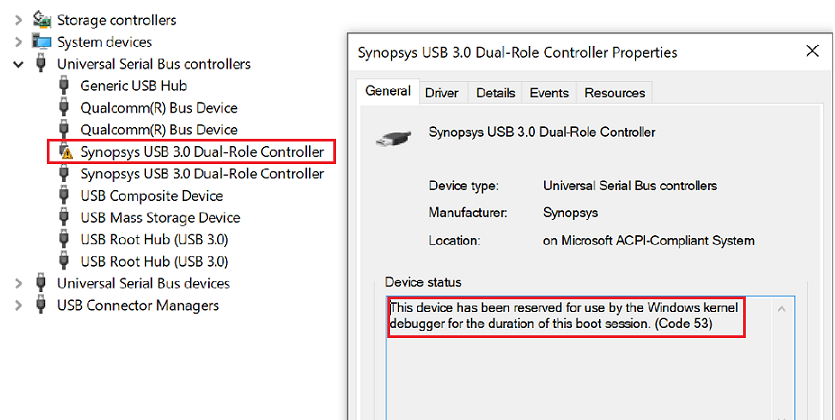Screenshot: Geräte-Manager mit dem USB-Knoten mit Synopsys USB 3.0 Dual-Role Controller, der angibt, dass der Controller reserviert ist.