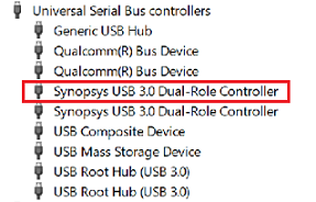 Screenshot: Geräte-Manager, der den USB-Knoten mit hervorgehobenem Synopsys USB 3.0 Dual-Role Controller anzeigt.