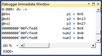 Screenshot der Befehlsausgabe mit den Speicherorten von Parametern und lokalen Variablen mithilfe des Befehls dv -v