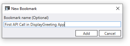 Neuer Lesezeichendialog mit Beispielnamen für den ersten API-Aufruf in der App Display Greeting.