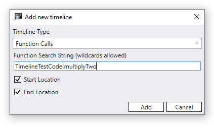 Hinzufügen einer Zeitleiste im Debugger mit eingegebenem Funktionsaufrufnamen.