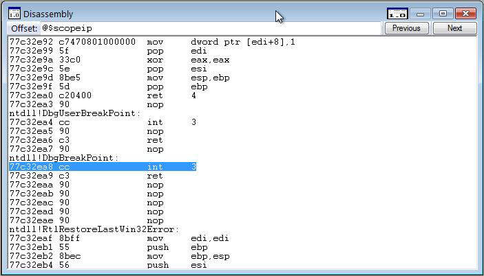 Screenshot des Fensters Disassembly in WinDbg
