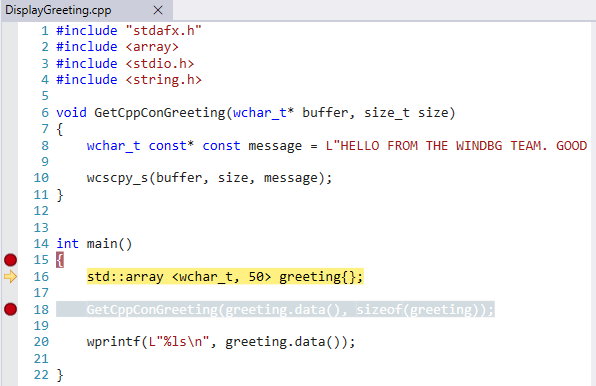 Screenshot des Quellcodefensters im WinDbg-Debugger mit Syntaxhervorhebung.