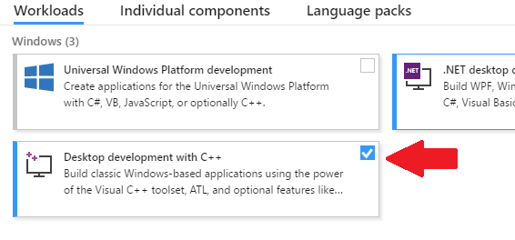 Auswählen von Desktopentwicklung mit C++ unter Windows-Optionen auf der Kachel 
