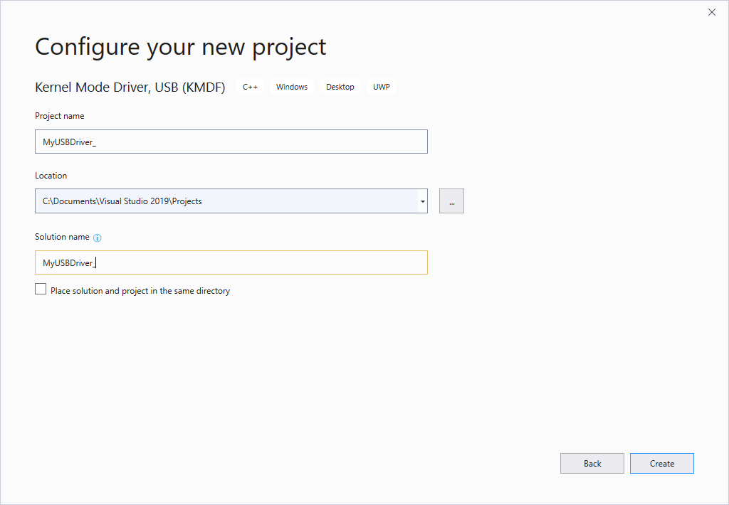 Zweiter Bildschirm für neue Visual Studio-Projektoptionen.