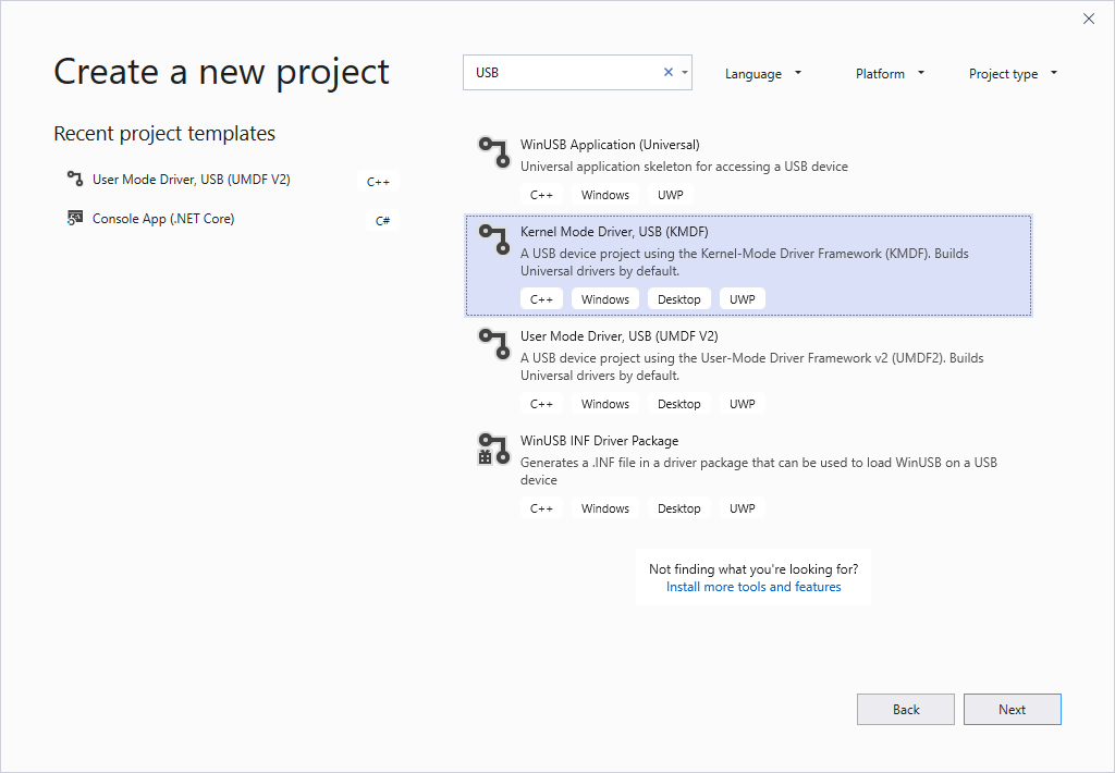 Neue Visual Studio-Projektoptionen.