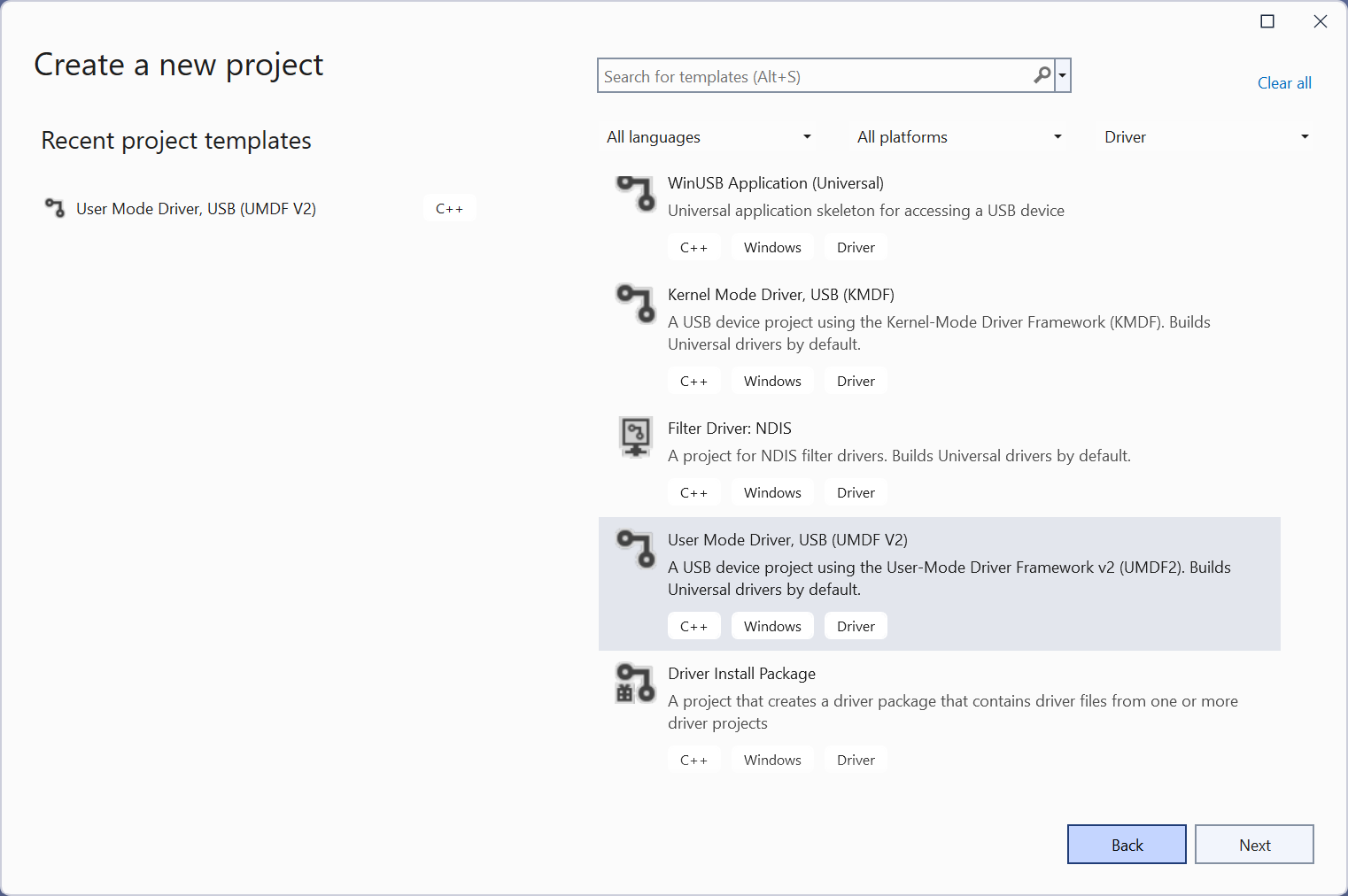Screenshot der Visual Studio-Projekterstellungsoptionen.