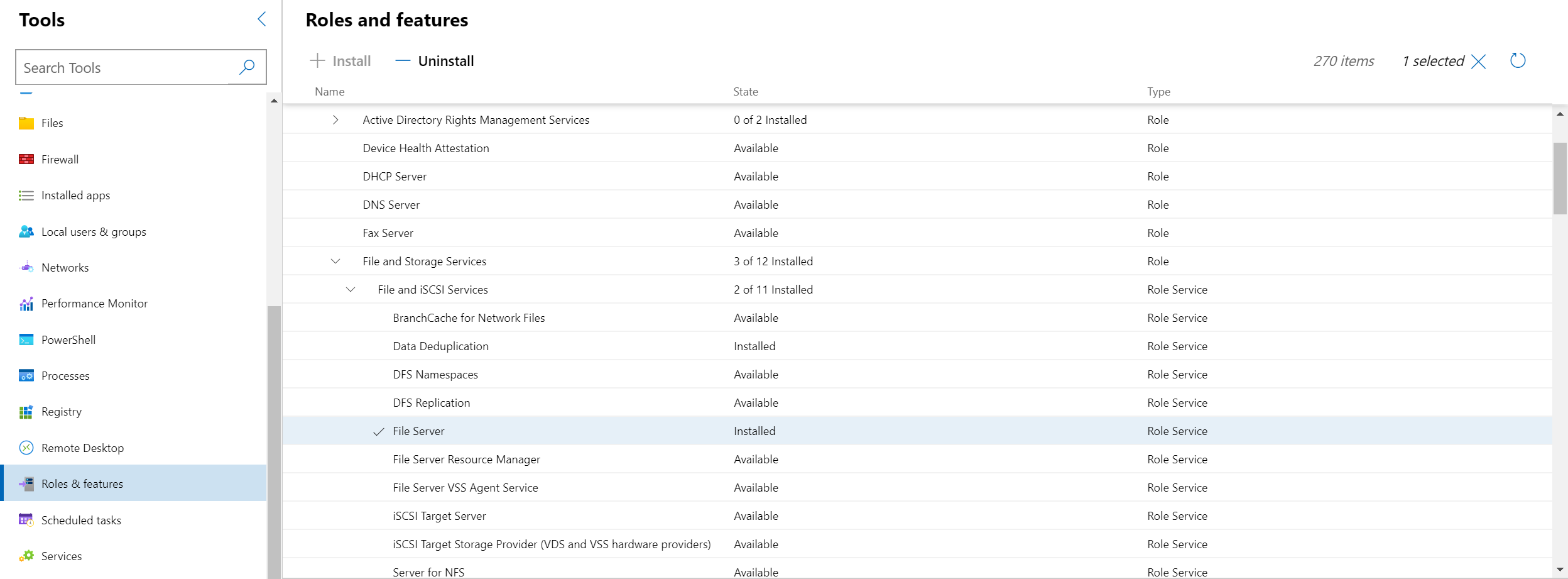 Screenshot „Rollen und Funktionen“ mit ausgewählter Rolle „Datei- und iSCSI-Dienste“